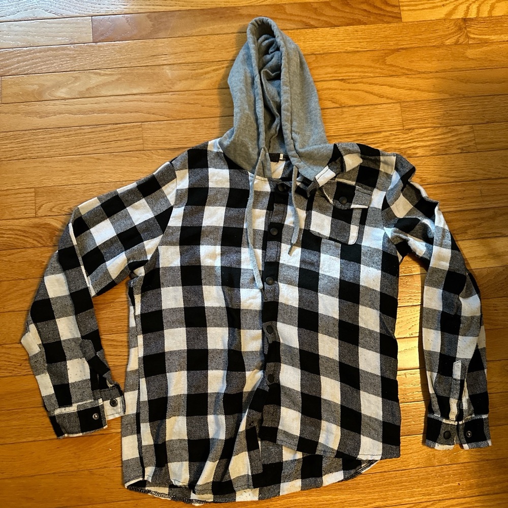 Black and White Plaid Flannel Hoodie Shirt